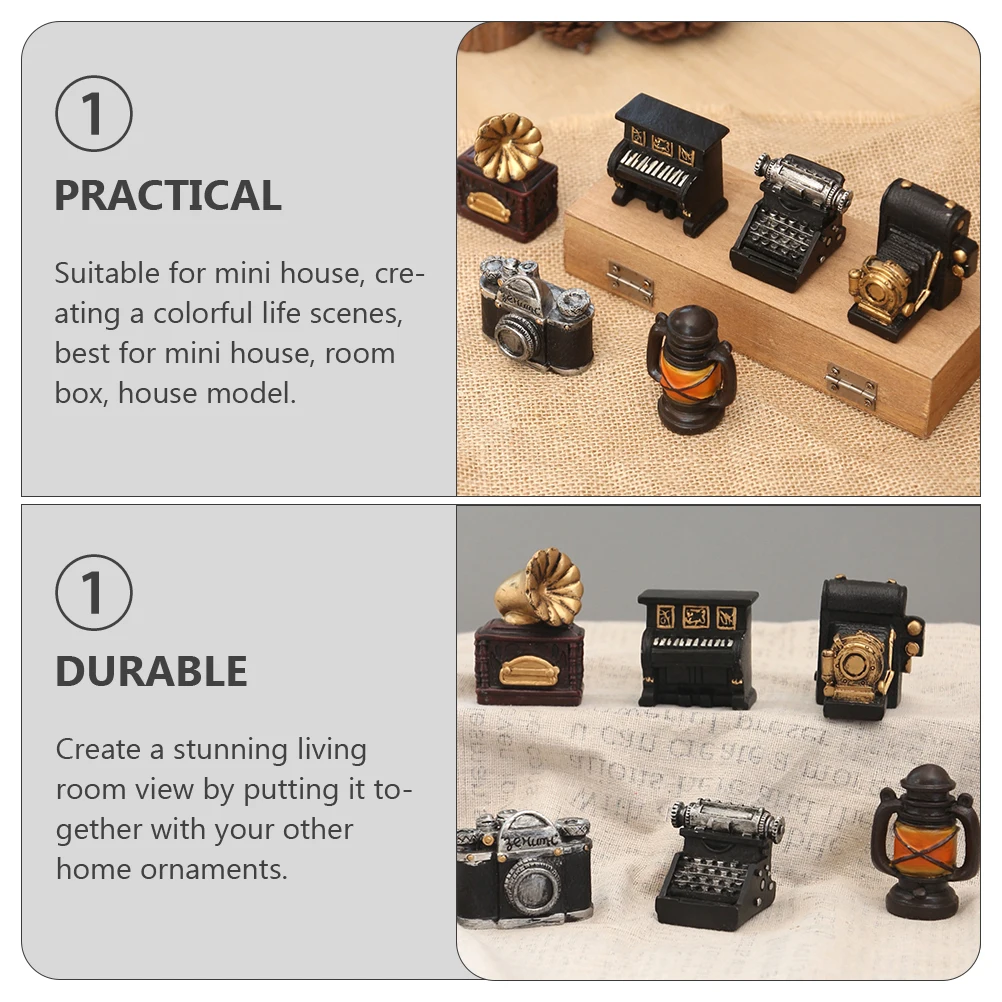 

5 Pcs Resin Mini naments Retro Lamp Figurines Miniature House Supplies Decor Vintage Piano Record Player Scene