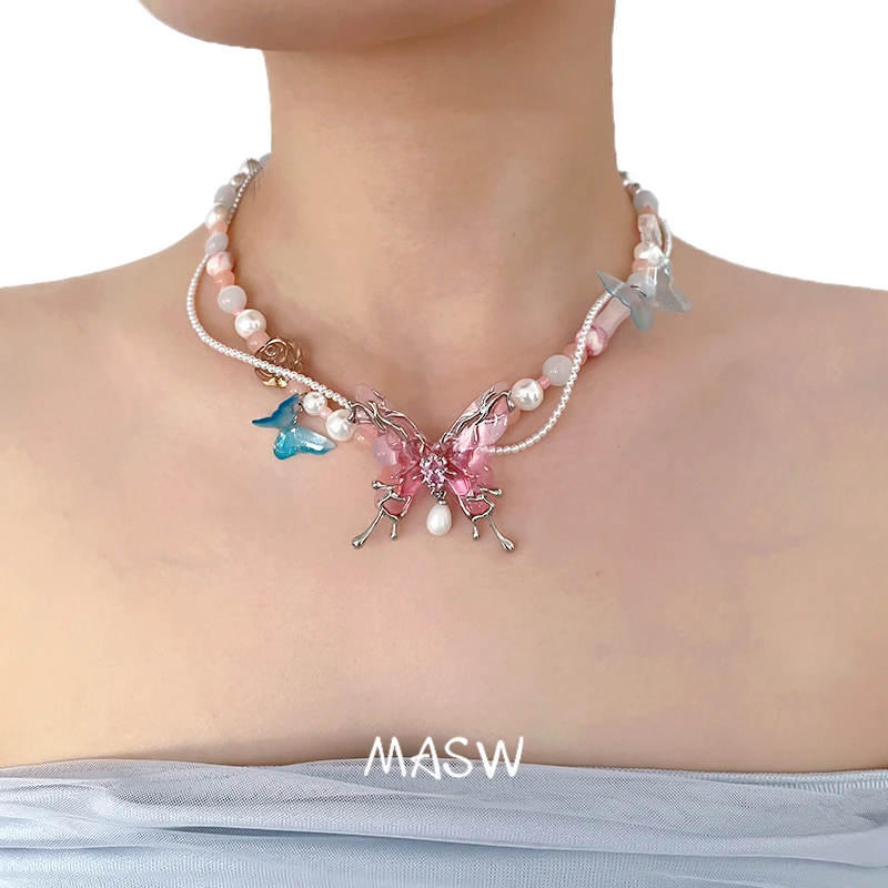 MASW Original Design Spring Summer Style Colorful Butterfly Necklace For Girl Women Party Gift Sweet Temperament Fashion Jewelry