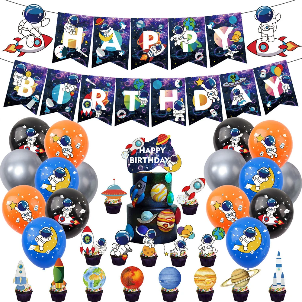 Space Astronaut Theme Boy Birthday Party Explore the Universe Rocket Balloon Cake Topoper Backdrop Banner Baby Shower Kids Gift