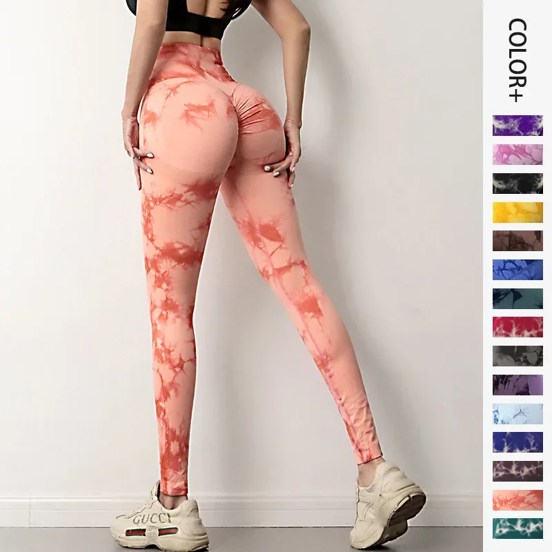 

Seamless Honey Peach Yoga Tights Women Tie Dye Tie Bleaching Print High Waist Hip Lifting Sports Running Fitness Pants