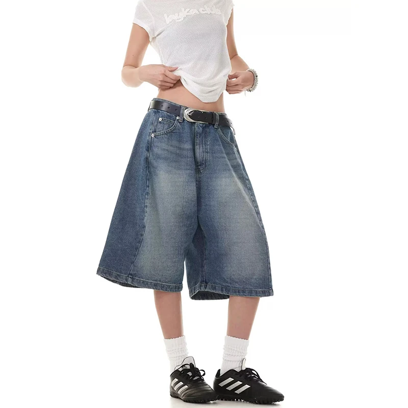Retro Washed Loose Wide Leg Five-Point Denim Shorts Women Summer American Lazy High Waist Slimming Hot Pants A- Line Shorts
