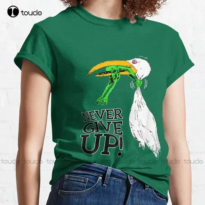 Geef nooit op Ooievaar en kikker klassiek T-shirt aangepaste volwassen tiener Unisex digitale afdrukken Tee Shirts aangepaste cadeau Xs-5Xl tshirt