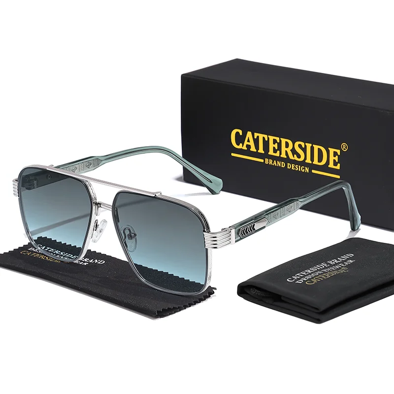 CATERSIDE Trendige Großrahmige Quadratische Sonnenbrille für Herren Metall Flacher Oberteil Doppelbrücken Sonnenbrille CP-Kern-Einsatzbügel Reisebrille – Detail 3