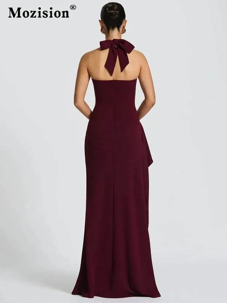 Mozision الرسن عارية الذراعين فستان ماكسي مثير المرأة أزياء من الدانتل متابعة أكمام عالية الخصر الفخذ عالية سبليت Bodycon مساء نادي اللباس