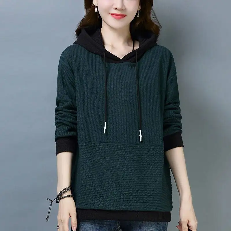 2023 Spring Autumn New Hooded Long Sleeve Drawstring Sweater Women Fashion Contrast Color Loose Casual All-match Pullovers