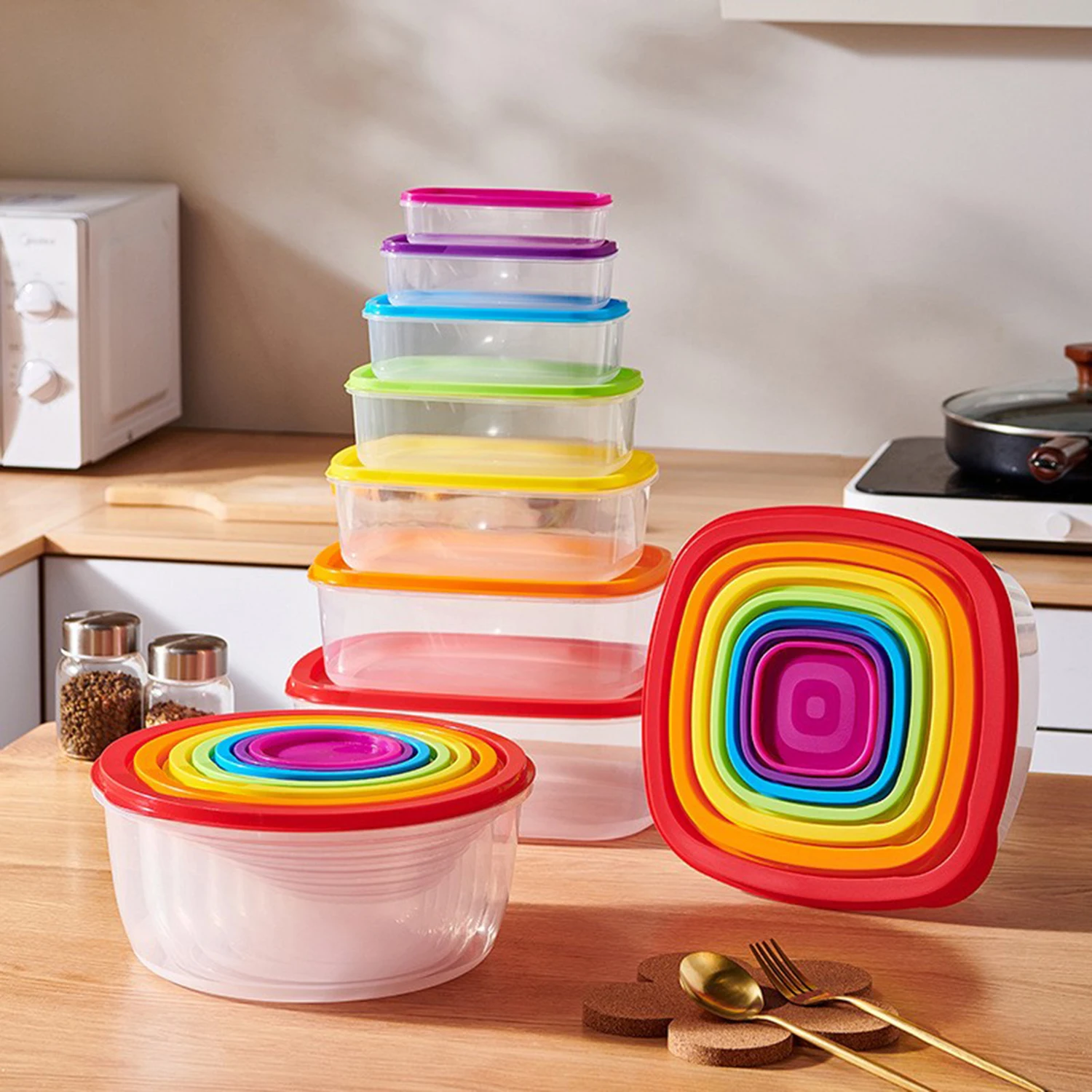 

Colorful Plastic Rainbow Food Storage Bowl with Lids Rapid-Access Kitchen Bowls Food Storage Airtight Nest Stackable Space-Save