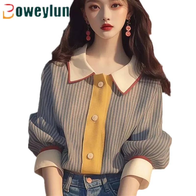 Boweylun Early Autumn New Splicing Stripes Seven-minute Sleeve Shirt Women Fashion Ladies Single-breasted Cardigan Tops