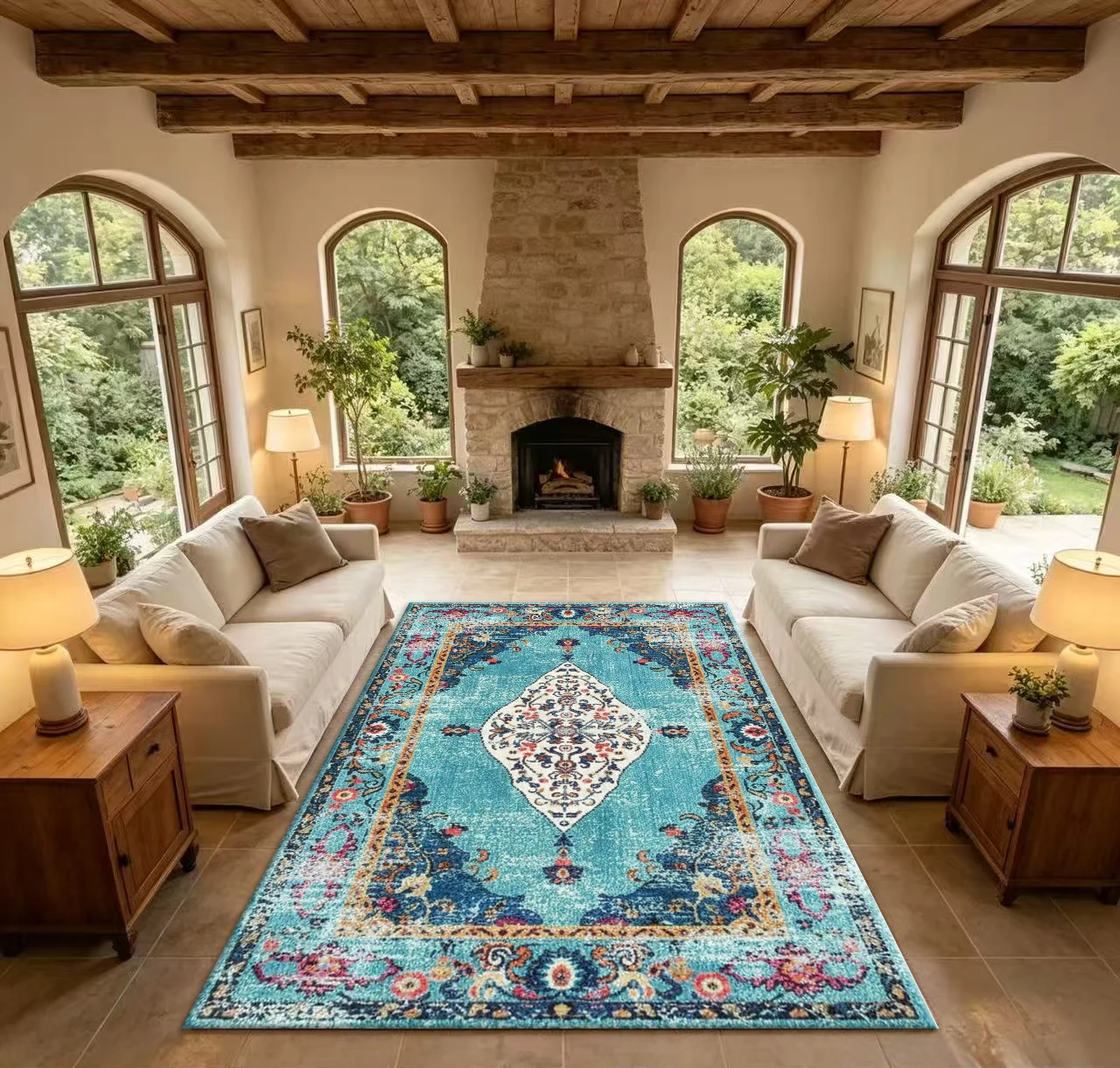 Boho Vintage Medallion Area Rug Bright Oriental Traditional Floral Carpet for Living Room Bedroom Home Indoor Decoration
