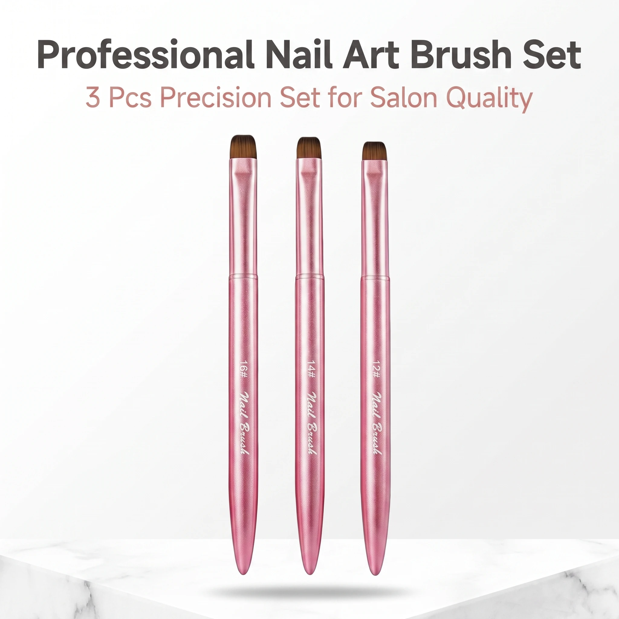 3Pcs UV Gel Nail Brush Set Flat Round Builder Gel Extension Nylon Bristle Rose Pink Metal Handle French Manicure Salon DIY
