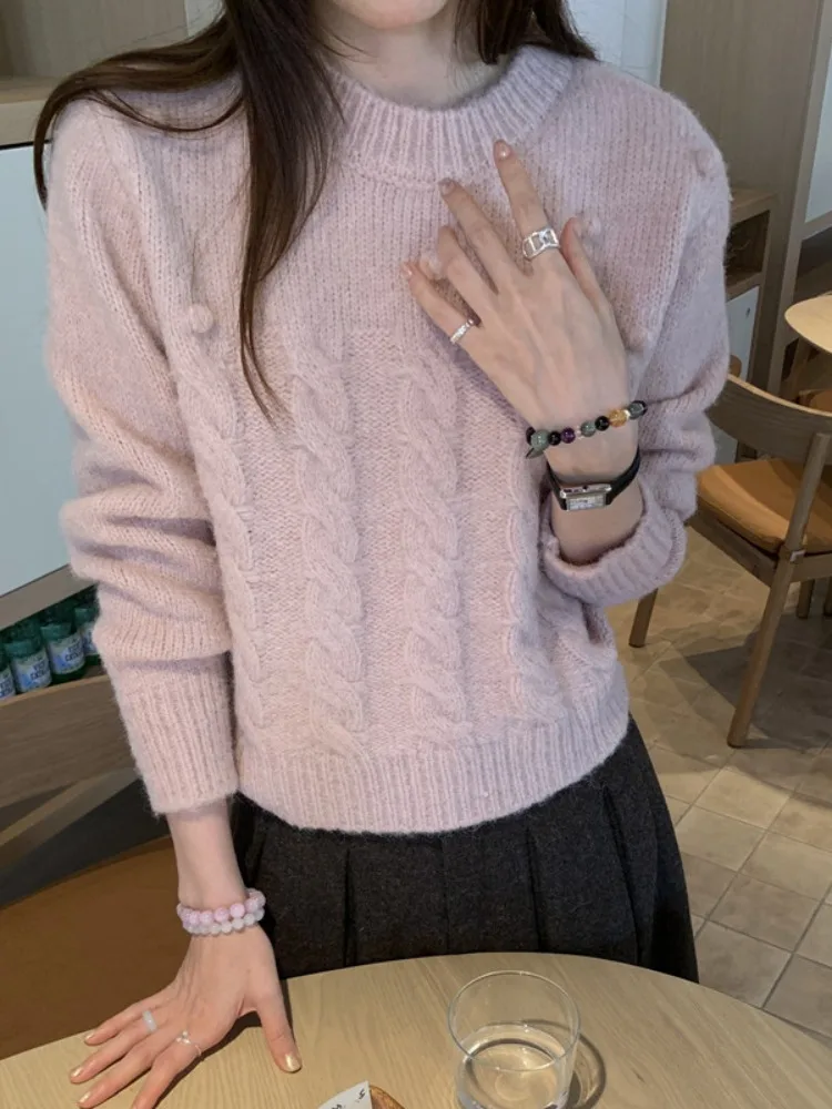 Retro Twisted Knit ort Pullover Damen Winter Neues Design Sensation 3D Ball Ball Gestricktes IRT Top Frühling Herbst Winter