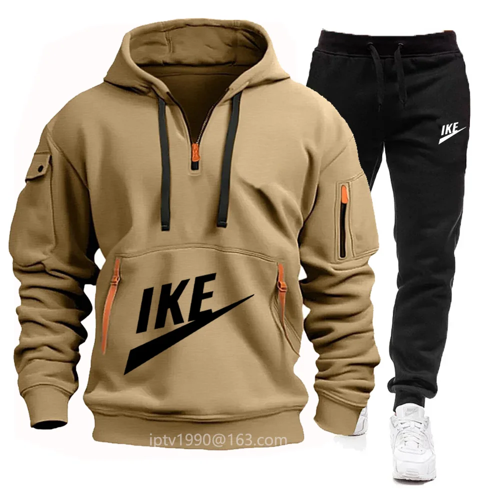 2025 Men's new autumn and winter fitness jogging suit multi-zipper long-sleeved hooded jumper + 2 sets of casual pants