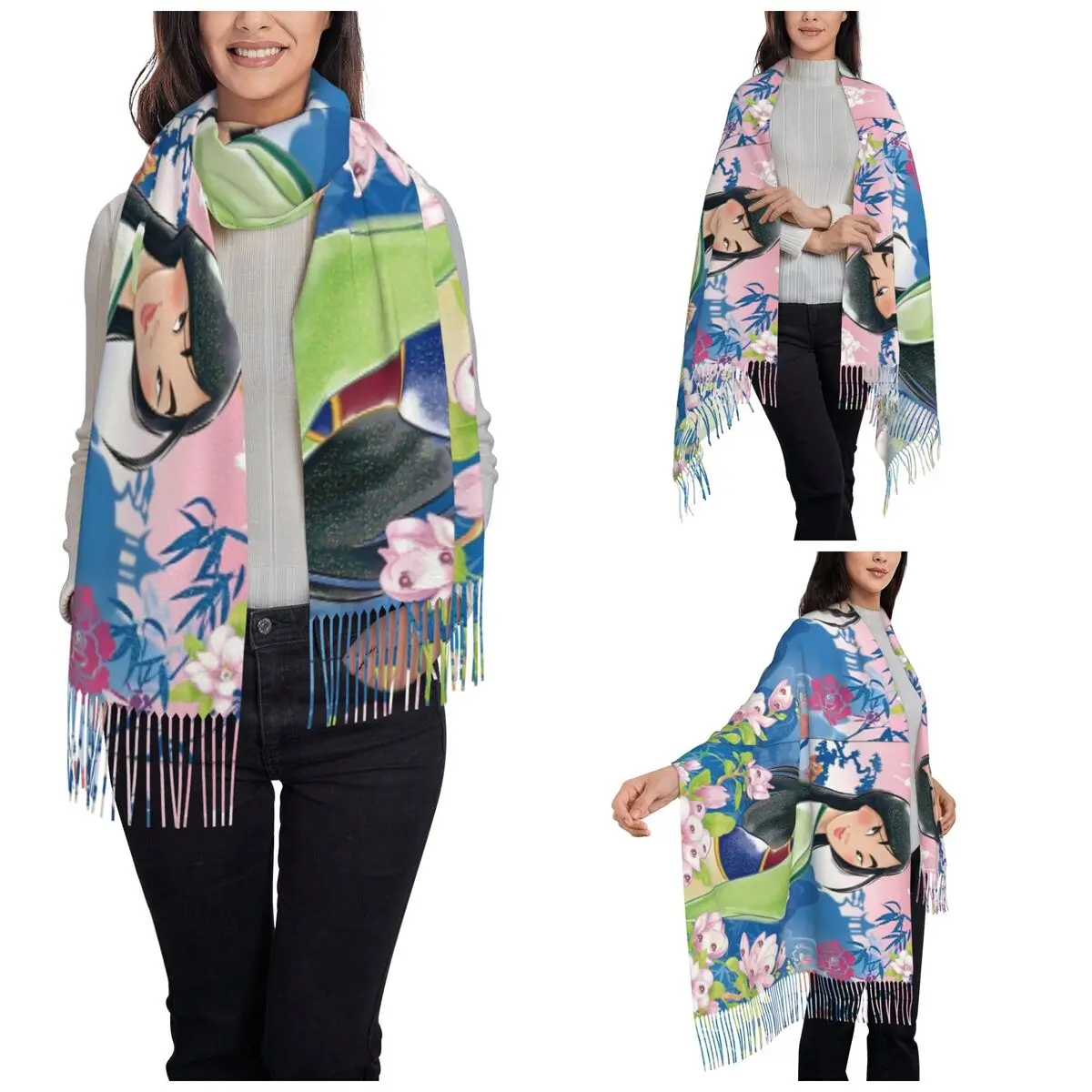 Mulan Princess Beaty Cartoon Shawls Wraps Women Winter Warm Large Long Scarf Cute Mushu Neckerchief Shawl Scarves