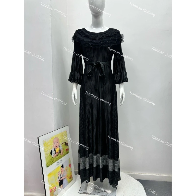 مياكي مطوي خريف جديد 2025 البرنز الدانتيل الدانتيل متابعة فستان موضة مزاجه فضفاض فستان طويل المرأة