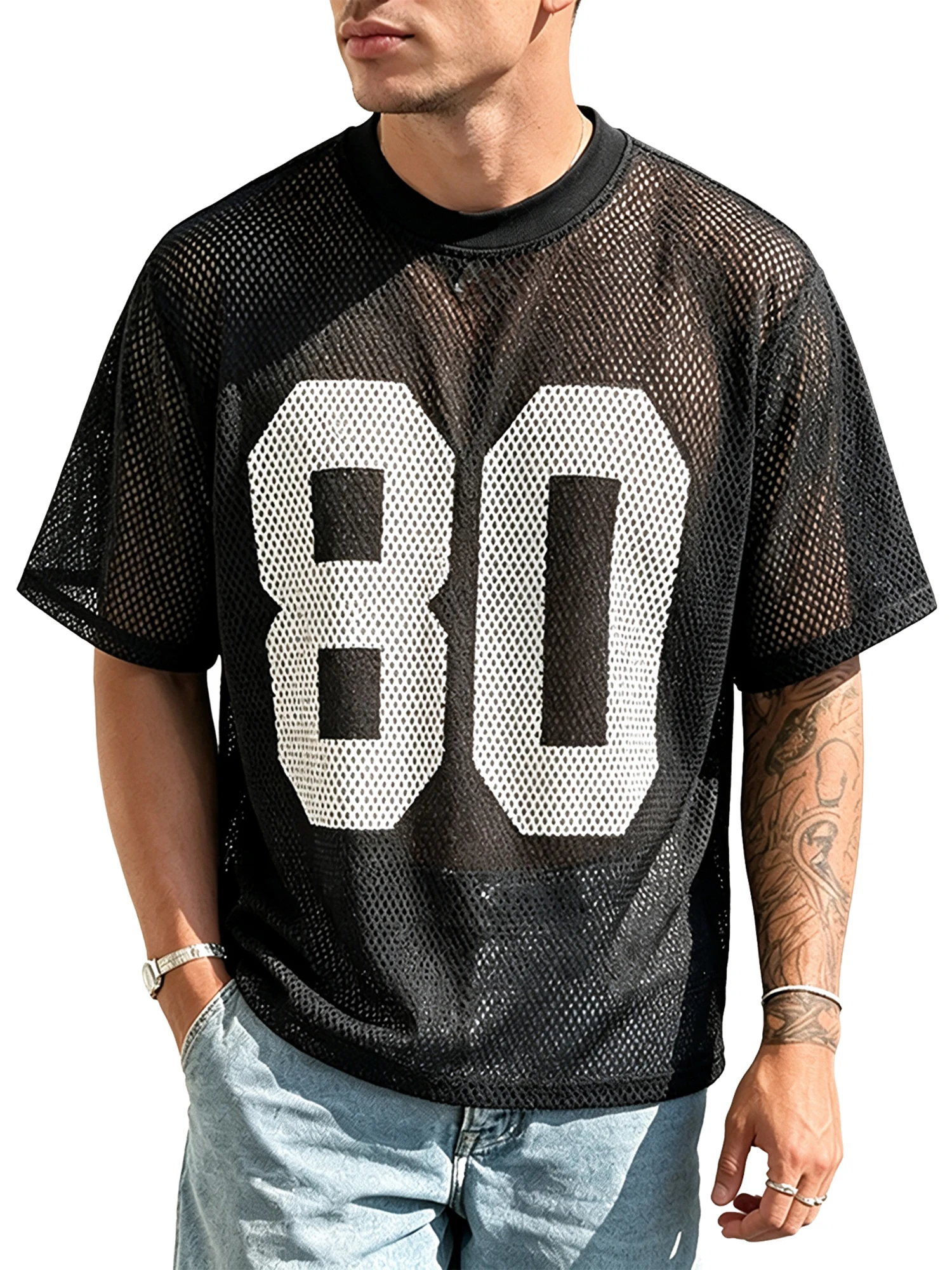 Men’s T-shirt Short Sleeve Crew Neck Numbers Print Mesh Summer Sheer Tops