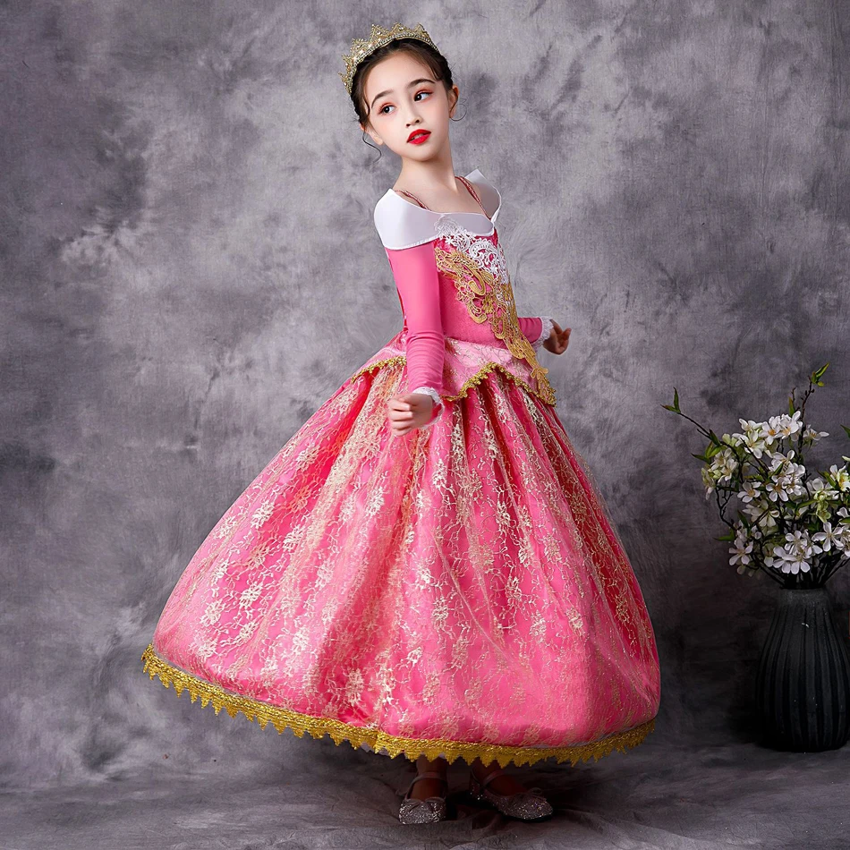 Girls Pink Beauty Aurora Cosplay Dress Long Sleeves Off Shoulder Kids Halloween Christmas Gift Fancy Party Princess Clothing