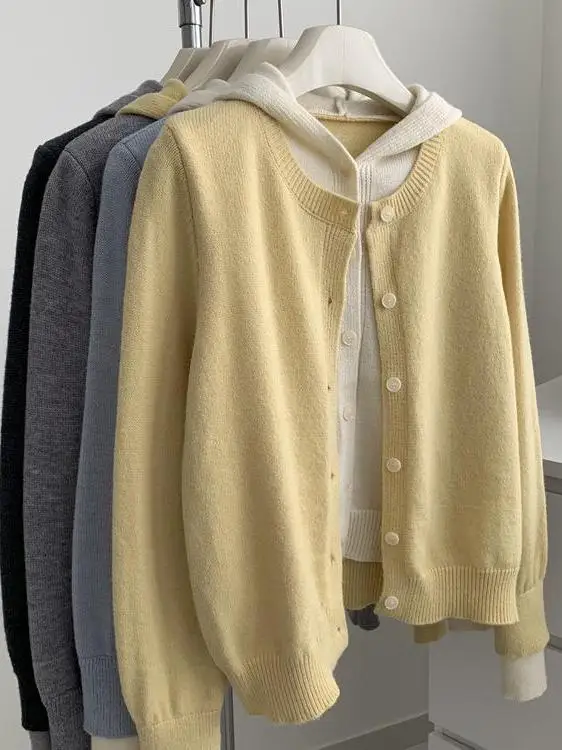 Loose Fit Color Block Korean Style Women's Knitted Cardigan Spring Autumn Hooded Sweater Jacket Casual Soft Polyester Fiber