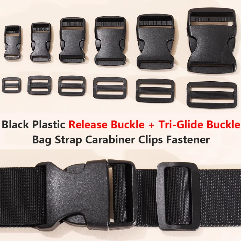 2/5/10 مجموعات 15/20/25/32/38 مللي متر أبازيم بلاستيكية سوداء ضبط الإصدار مشبك لحقيبة حزام حلقة تسلق كليب Tir-Glide المنزلق المشبك