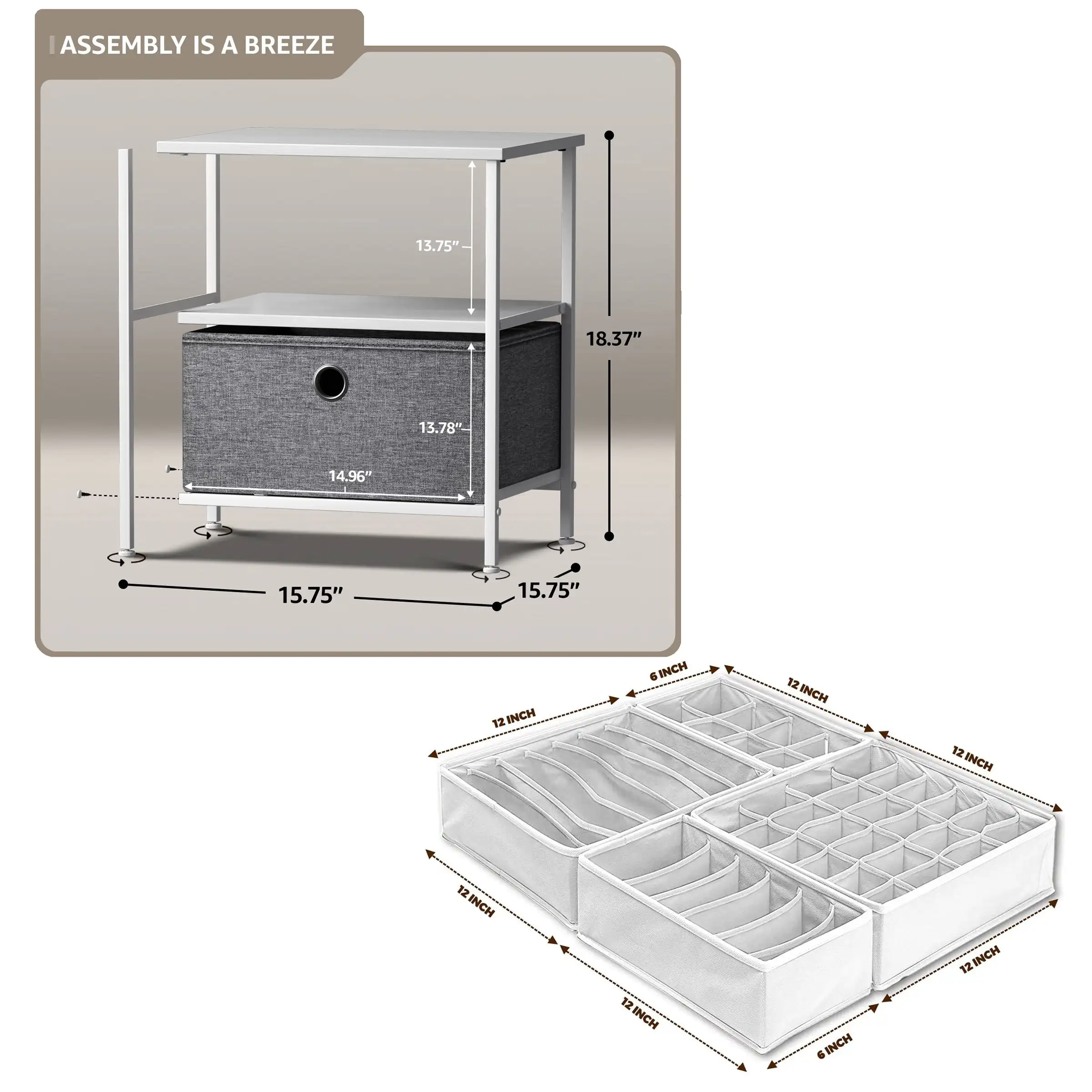 

1-Drawer and 2 Shelf Nightstand with Foldable Fabric Drawer Dividers: Ideal for Adult Bedrooms