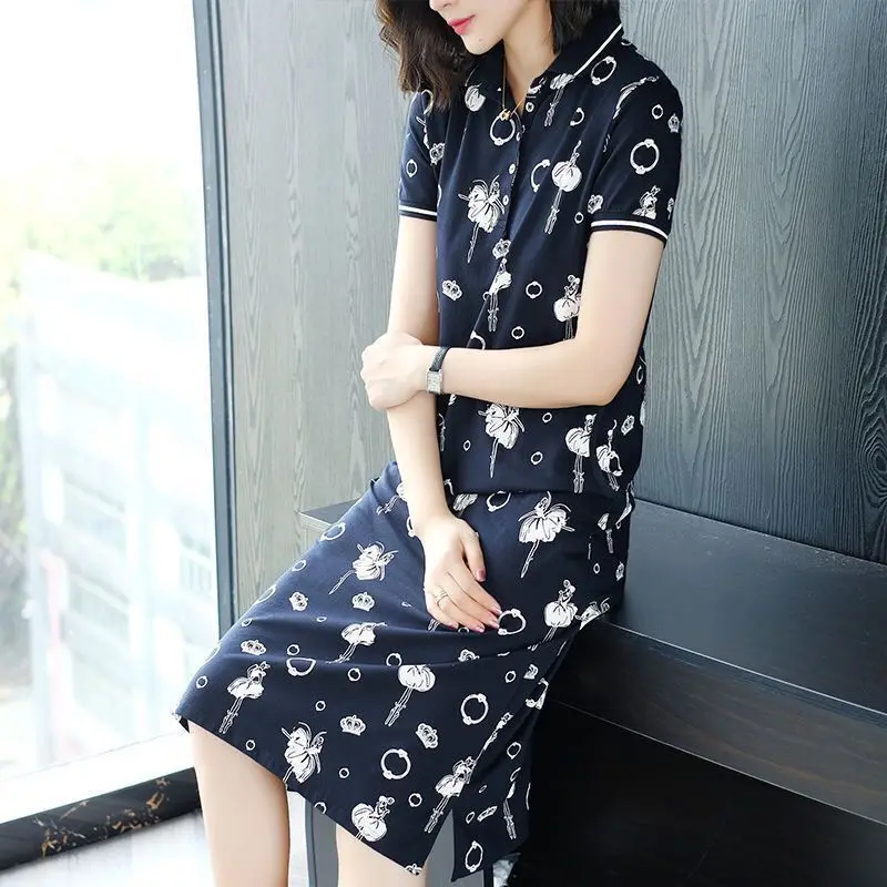 Fashion Lapel Button Pockets Printing Casual Dresses Women\'s Clothing 2024 Summer New Loose Short Sleeve Commuter Midi Dress