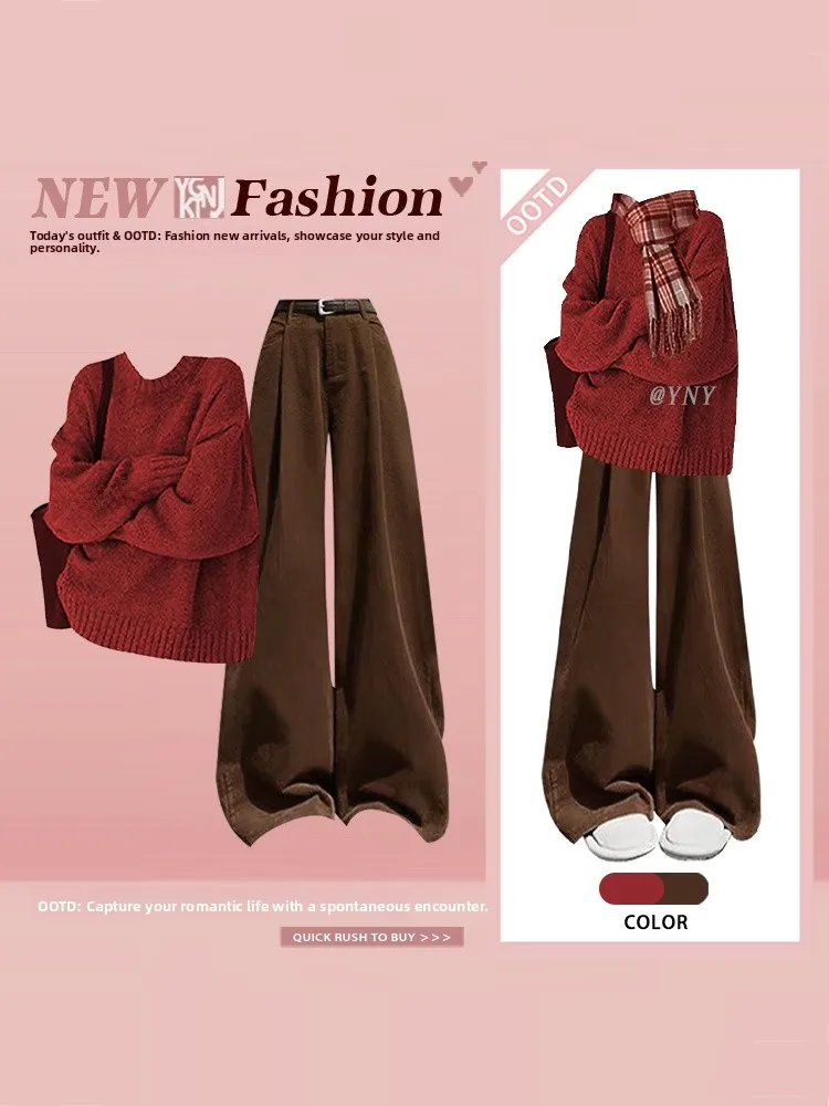 

Retro Simple Sle Loose round Ne Knitted Sweater Coffee High Waist Wide Leg Pants Women's Autumn Winter Slimming Two Piece...