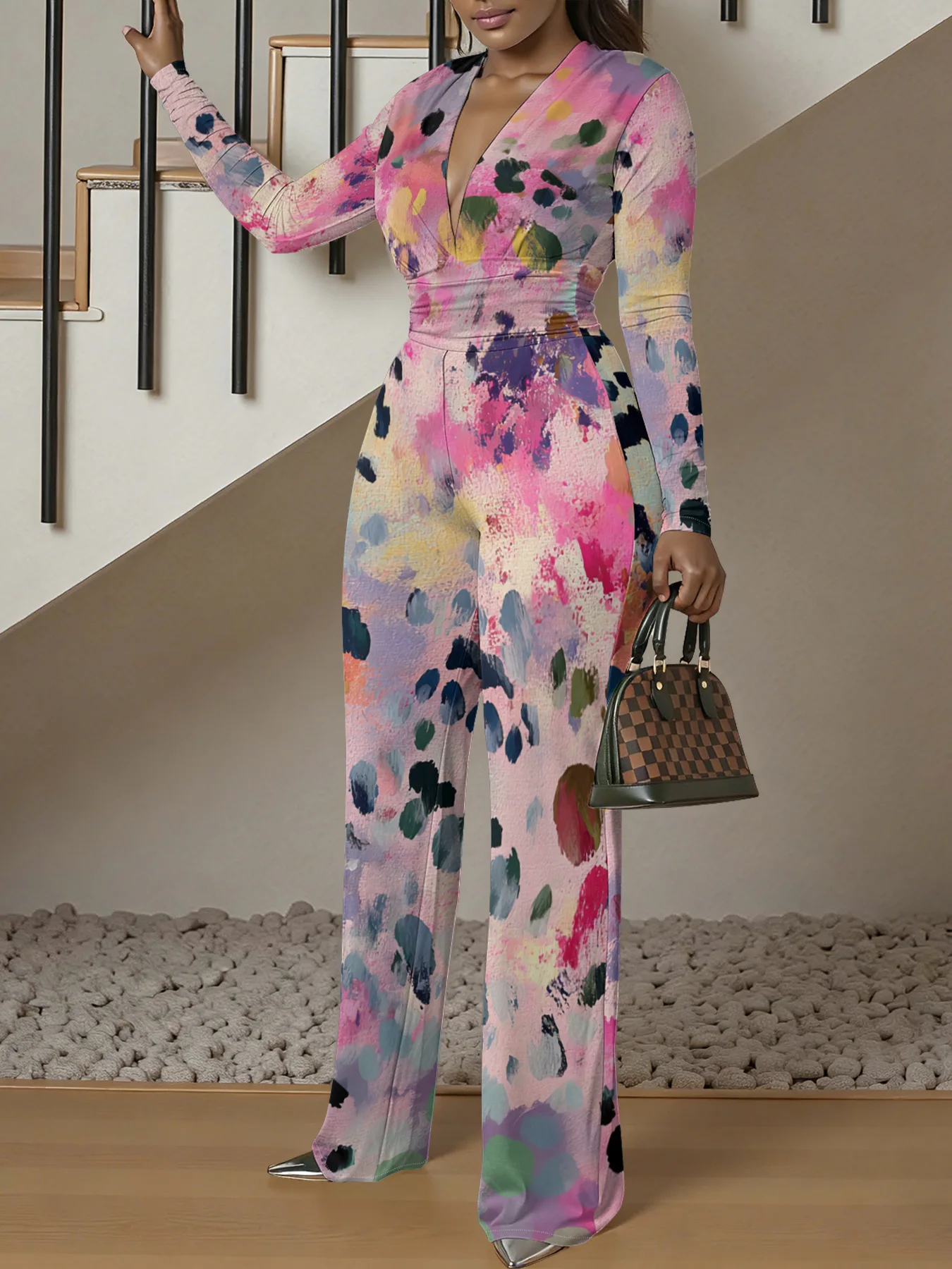 Macacão justo de manga comprida com decote em V, ideal para o outono, feminino, elástico, peça única, para a primavera, roupa de rua de luxo, para fes