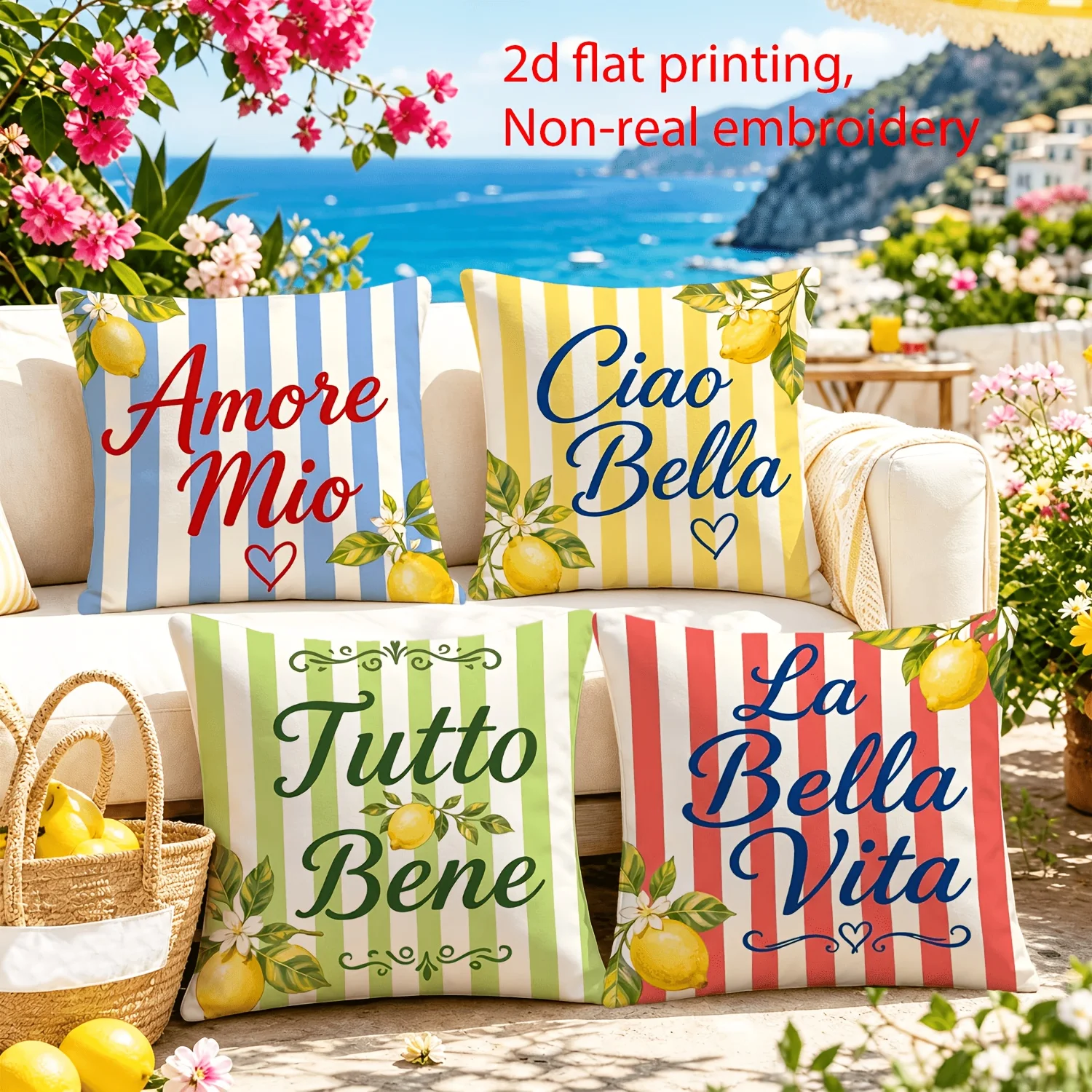 1pc Ciao Bella Amore Mio Italian Fruit Pillow Cover 2D Double-Side Print Polyester Cushion Case for Home Car Housewarming Gift D