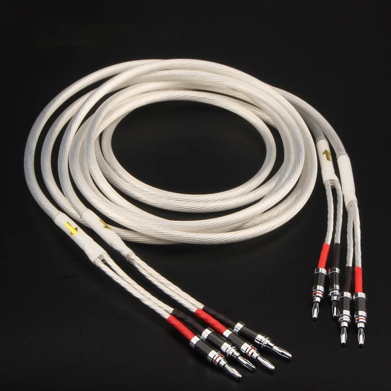 1Pair Oxygen Free Copper 5N OCC Silver Plated HiFi Audio Speaker Amplifier Decoder Cable with Carbon Fiber Banana Plug