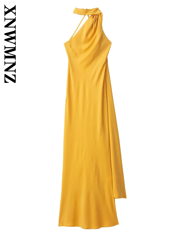 

XNWMNZ 2025 Summer New Woman Simple Sexy Halter Sleeveless Backless long Dress Fashion Chic Woman's Party dot Dresses Tie
