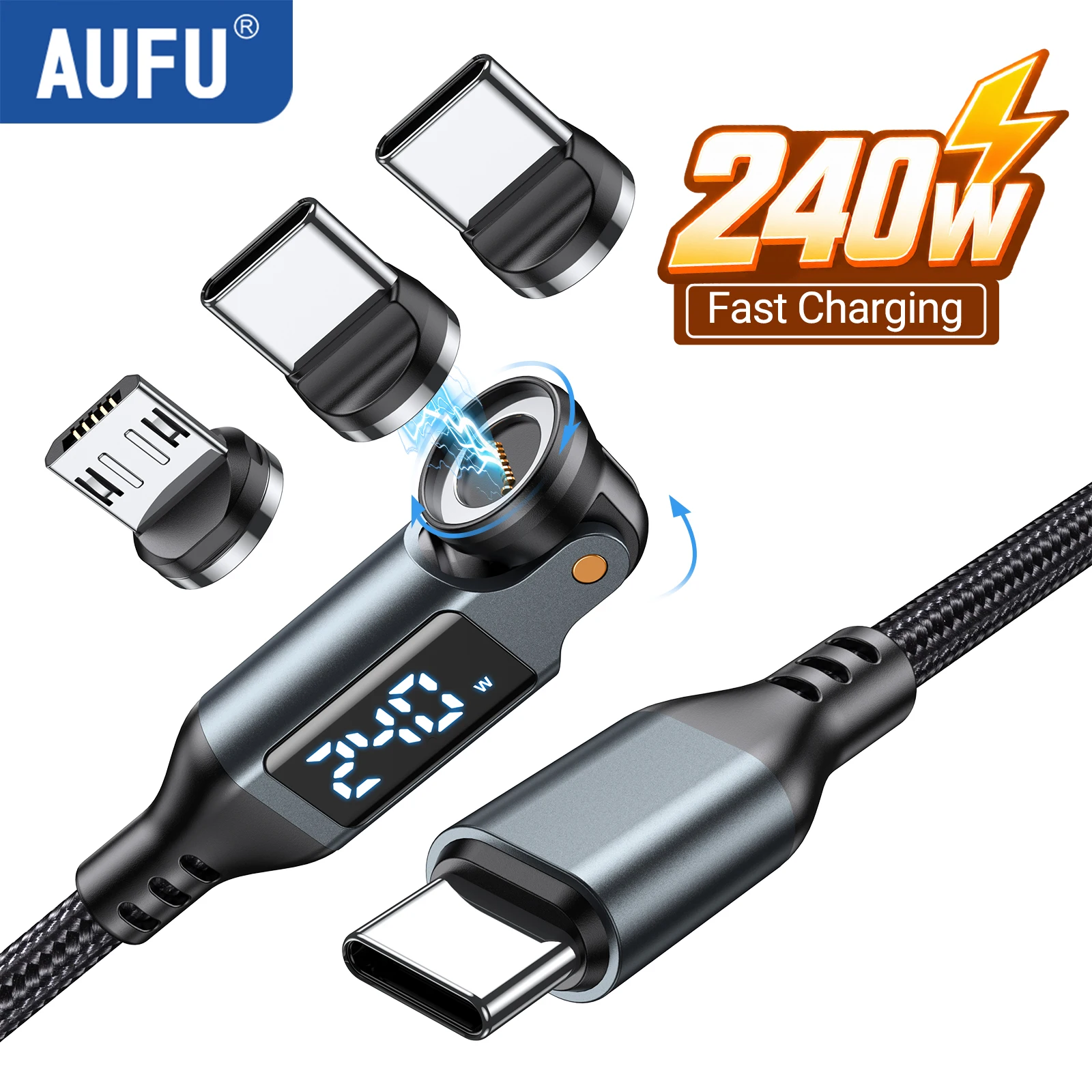AUFU 240W Magnetisches USB-Typ-C-Kabel, schnelles Laden, PD 3.1, digitales Display, Micro-Typ-C-Kabel für iPhone, MacBook, Samsung, Kabel