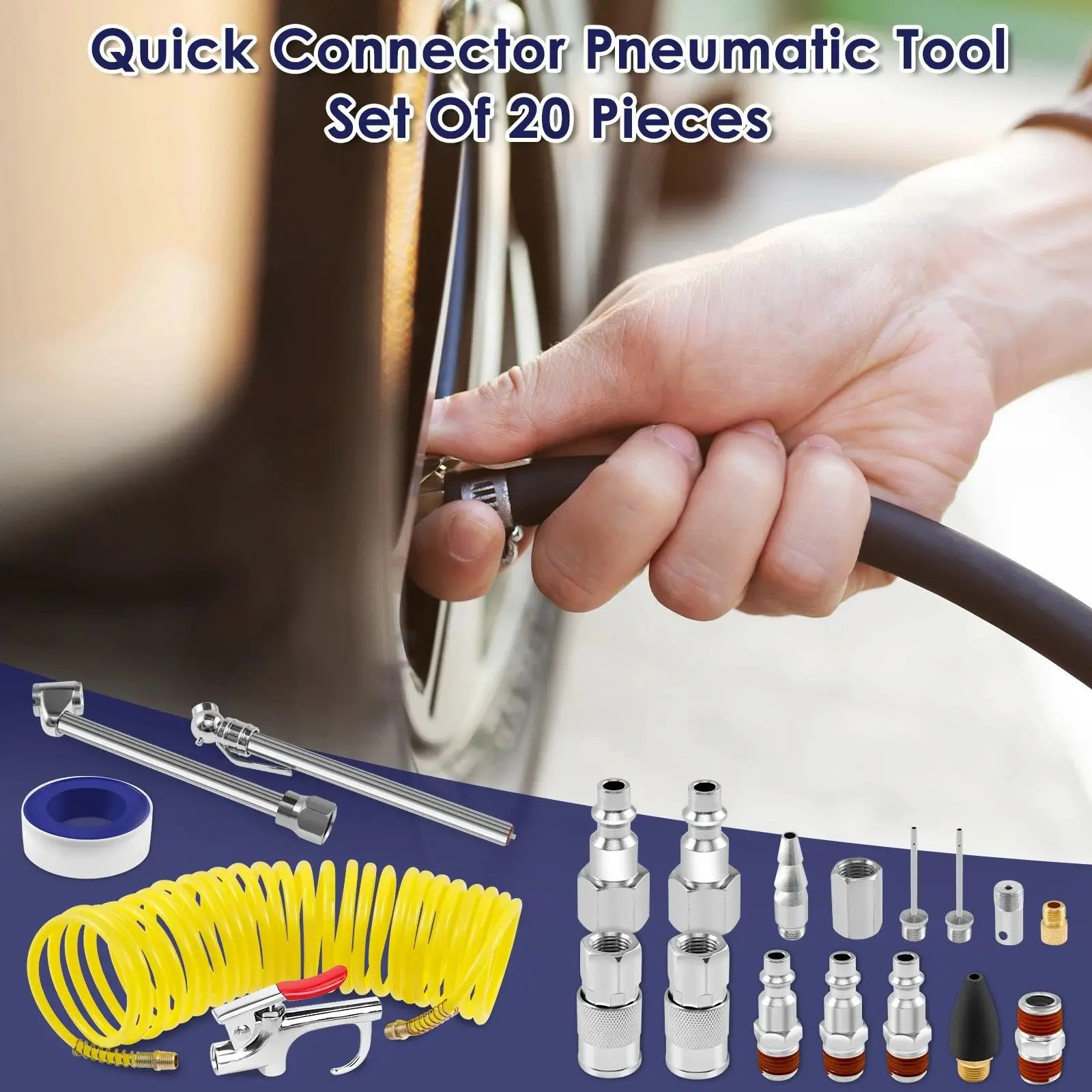 Air Compressor Accessory Kit 20 Pcs 25 Ft Recoil Air Hose Gun Nozzles Set 1/4 Inch NPT Inflation Needles Air Clean Tool Tire Gau