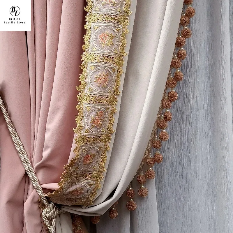 

Custom Size！！ French Heavy Industries Embroidery Pink Velvet Splicing Light Blocking Curtains for Living Dining Room Bedroom