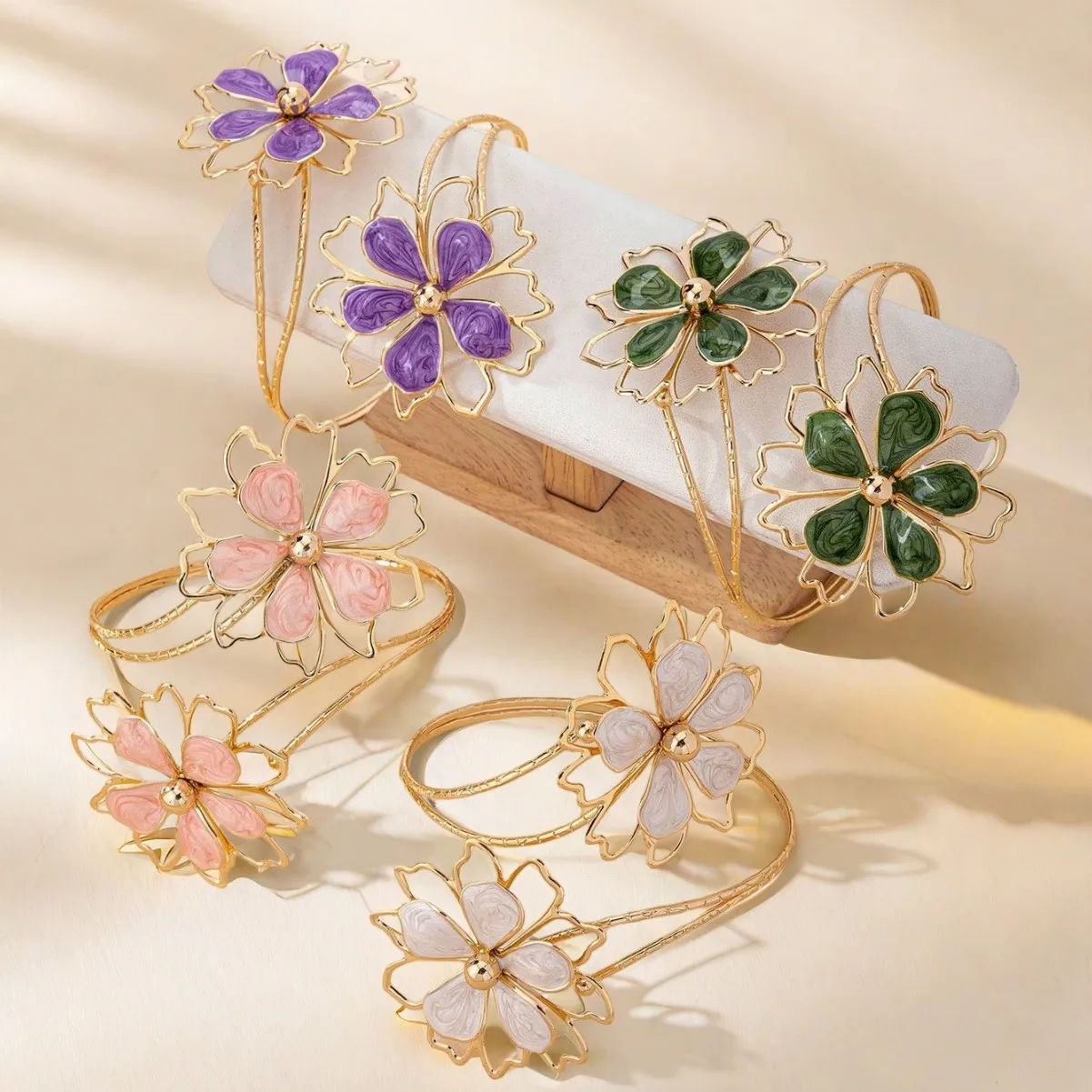 2026 New Multi-Colored Hollow Flower Open Cuff Armband for Women Trendy Spiral Geometric Metal Arm Bracelet Fashion Jewelry Gift