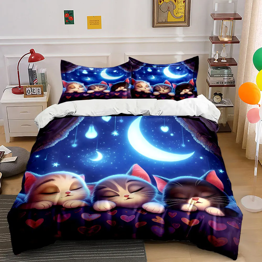 Dreamy night with three sleeping kittens Duvet Cover Set with 3D Printing Design Soft Polyester Bedding Set All-Season Comfort