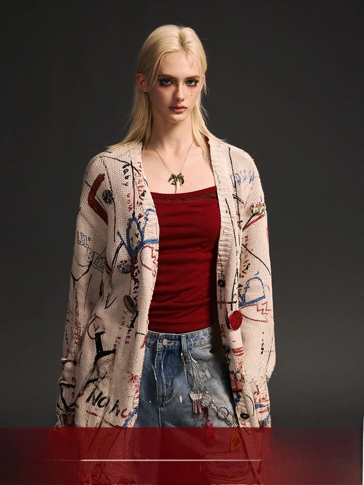 

Хлопковый свитер BeerBro Punk Sle с абстрактным принтом, мягкий хлопок, длинный рукав, V-образный вырез, уличный стиль, весна-осень