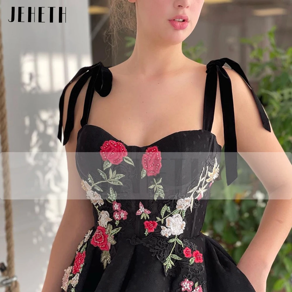 JEHETH-vestido de noche de tul con estampado Floral para mujer, traje negro con lazo y tirantes, corte en A, Apliques de encaje, escote Corazón, longitud hasta el tobillo flores negras, vestidos de baile de jardín, mar