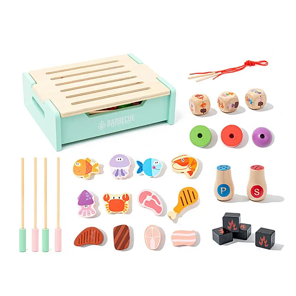 Wooden Play Barbecue Kids Grill Playset With Play Food And Grilling Tools, Play Kitchen Accessories For Toddlers Boys Girls