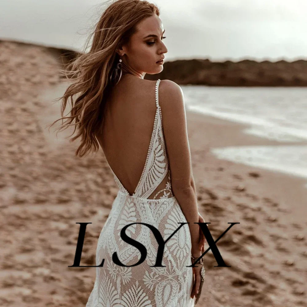 LSYX vestido de novia de sirena con cuello en V de encaje con tirantes finos para playa, espalda abierta, Sexy, largo hasta el suelo, hecho a medida