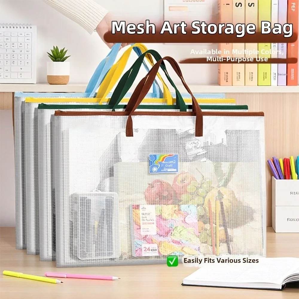 New with Zipper and Handle A3 Project Bag Mesh PVC Multifunctional Mesh Art Bag Waterproof Thickened Storage Bag Office Supplies