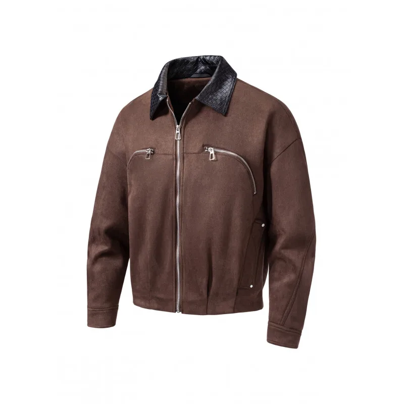 Men Suede Jacket Woven PU Collar Zip Up Loose Drop Shoulder Short Coat Multi Zipper Pockets Casual Outerwear M‑XXL Autumn Winter