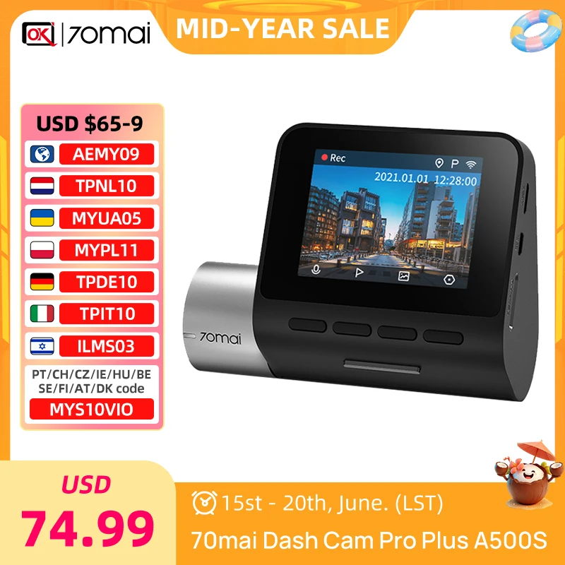70mai-Dash cam pro plus,a500s,統合GPS,Wifi,DVR,1944phd,レコーダー