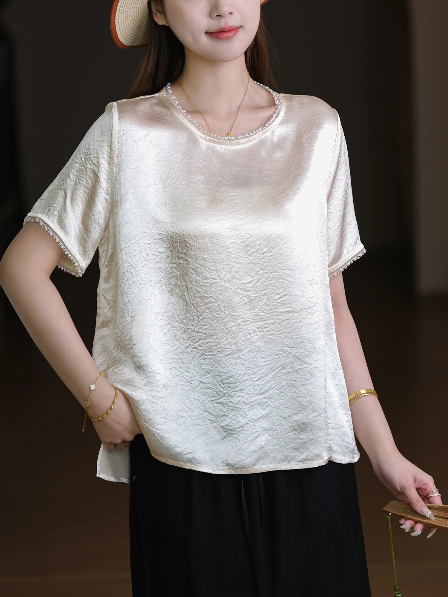 

XiaoEr Production Sensation Summer Columbal Cool Ice Sand Drill ort Sve Женская футболка Удобная свободная посадка круглого цвета Ne