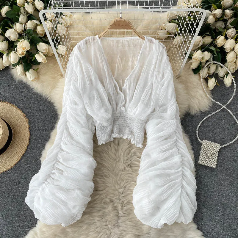 Women's Spring Autumn Tops Chiffon Shirt Pleated Bubble Sleeve Short Vintage Simple Comfortable New Casual Soft Niche Versatile