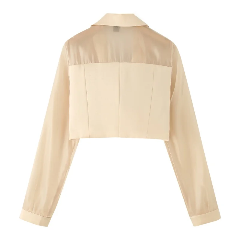 KEYANKETIAN Summer New Women's Perspective Organza Splicing Satin Double breasted Short Style Lightweight Suit Women Coat