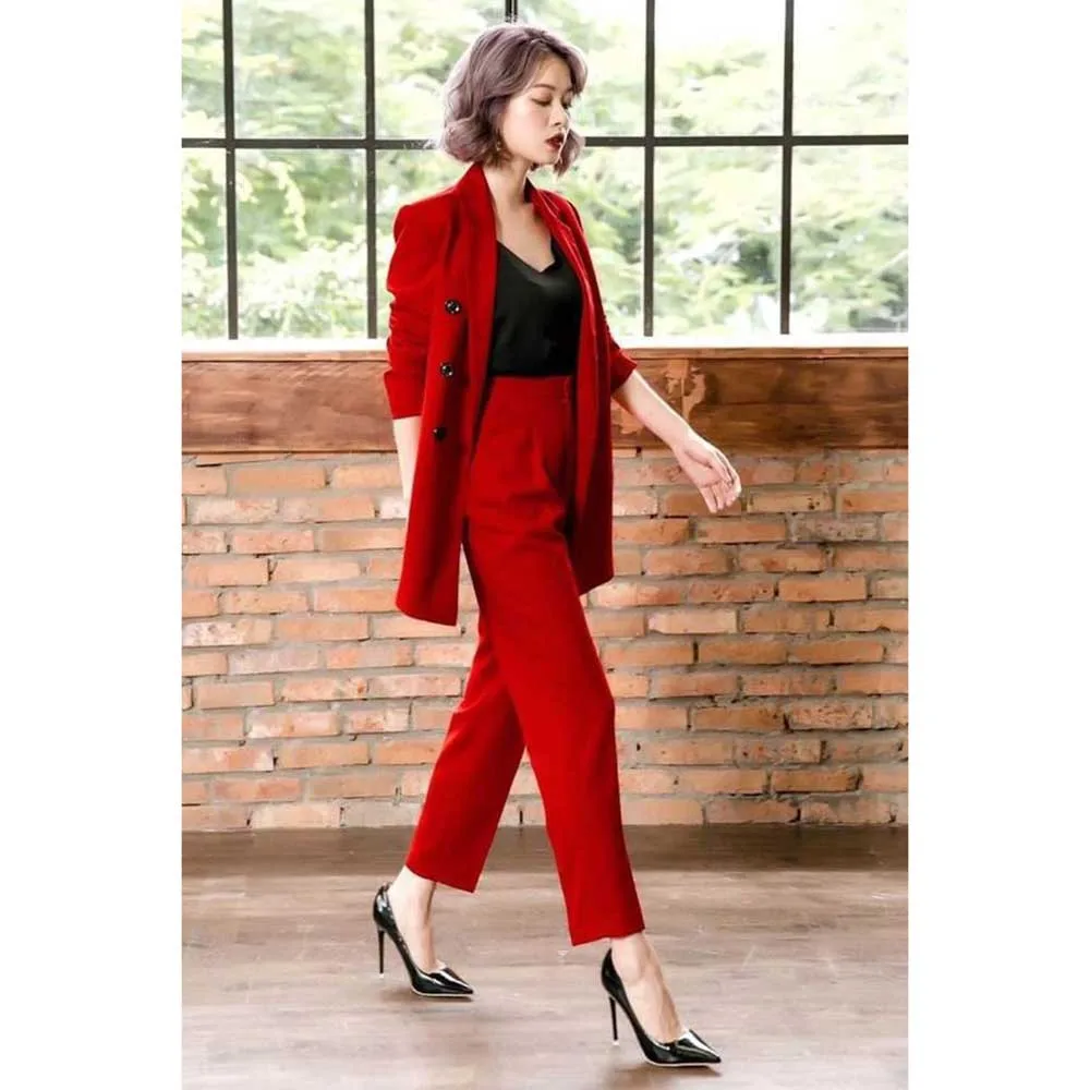 Moda chique vermelho ternos femininos notch lapela 2 peças jaqueta calças roupas femininas senhora inteligente escritório banquete blazers conjuntos