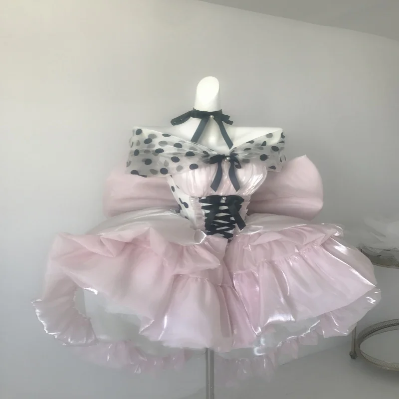 달콤한 소녀 공주 생일 파티 드레스 핑크 도트 오프숄더 하이웨이스트 큰 리본 트레일링 퍼피 미니 로리타 이브닝 드레스