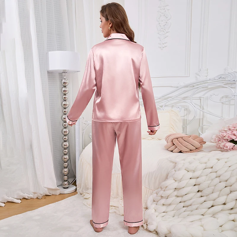 Women\'s Pajamas Autumn Luxurious Solid Satin Long Sleeve Pajama Set Elegant Lapel Collar Top & Long Pants Sleepwear & Loungewear