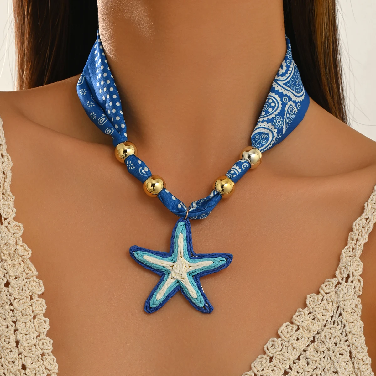 Boho Blue Bandana Scarf Choker Necklace for Women Raffia Woven Starfish Pendant Gold Bead Summer Beach Vacation Jewelry