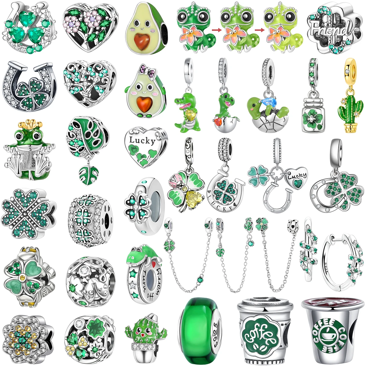Green Series 925 Sterling Silver Charm Four Leaf Clover Pendant Avocado Cactus Bead Fit Bracelet Necklace DIY Jewelry Women Gift