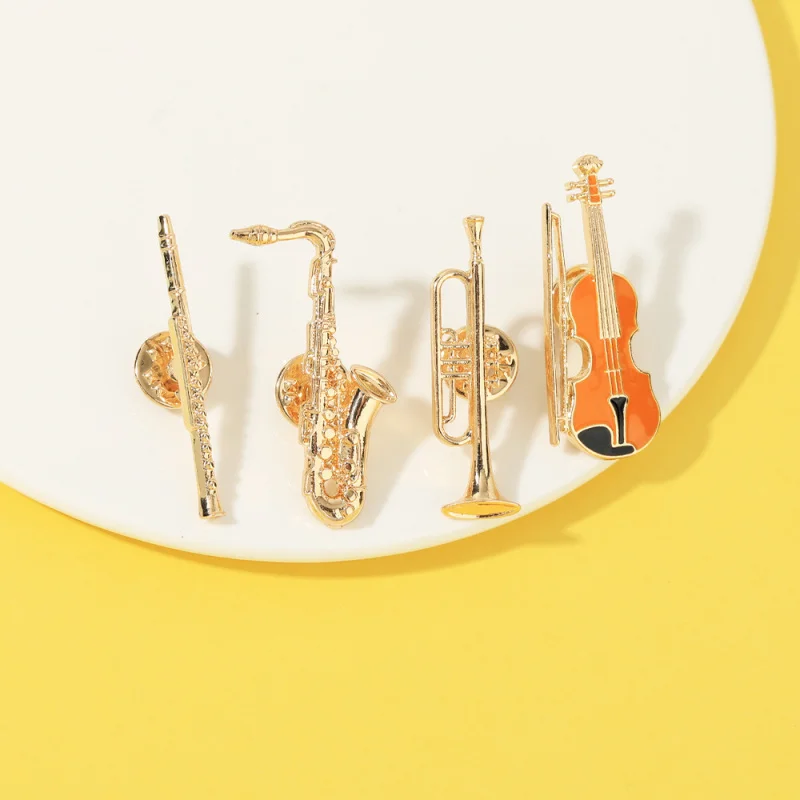Metal Musical Instrument Lapel Pin Sax Violin Flute Trumpet Brooch Music Lover Badge Suit Collar