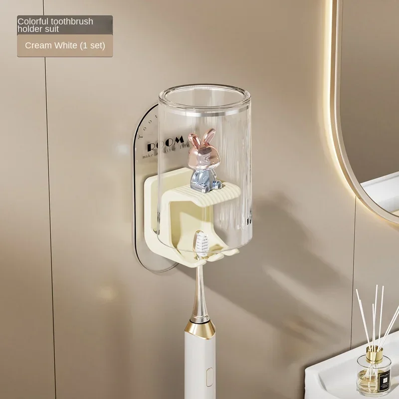 Cute Rabbit Toothbrush Rack Holder No Punching Transparent Mouthwash Cup Electric Toothbrush Cup Hanger Bathroom Set Organizer